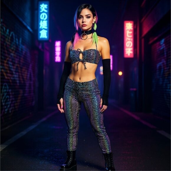 Space Invader Reflective Cut-Out Tie Bra Top by Club Exx – Cosmic Pulse Edition - Picture 2 of 3